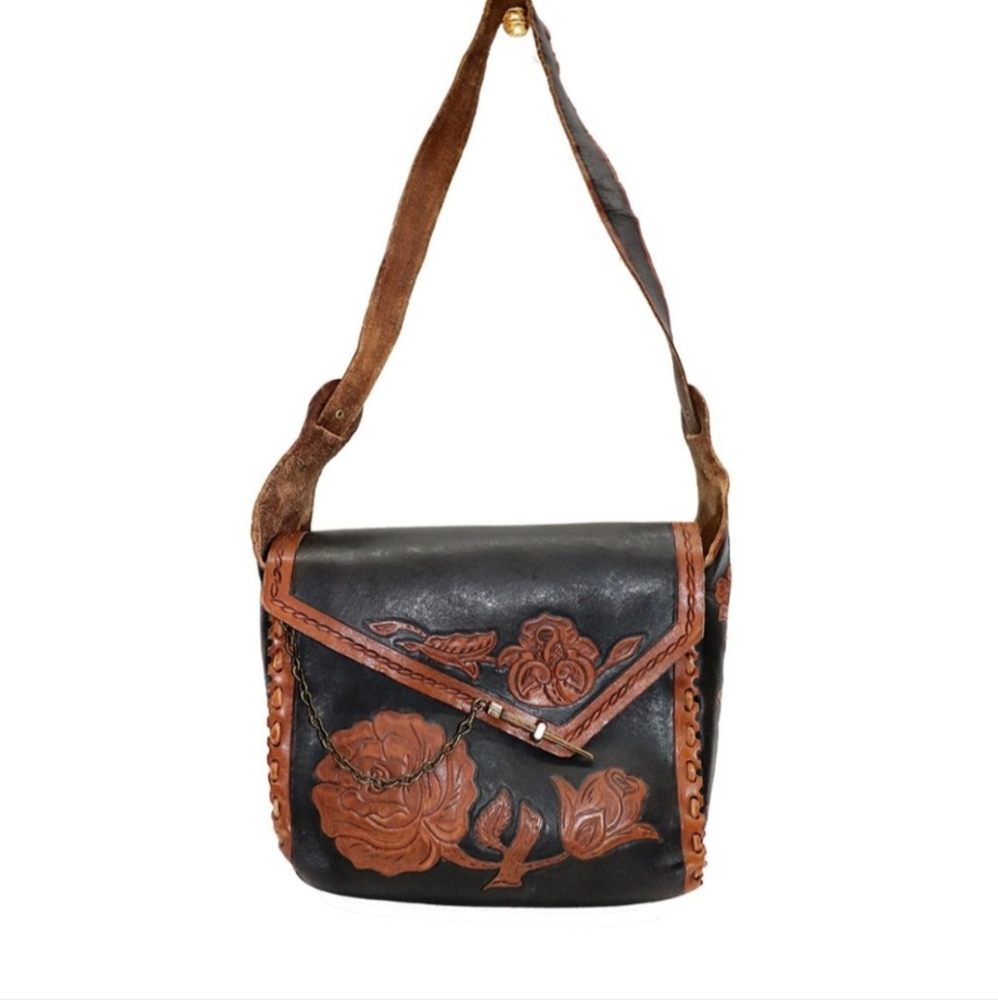 VINTAGE 1970 Hand Tooled Handcrafted Leather Floral Purse Satchel - Picture 2 of 7